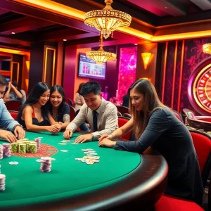 KJC showcases an exciting casino scene with players engaging in poker at luxurious tables, emphasizing thrilling gambling experiences.