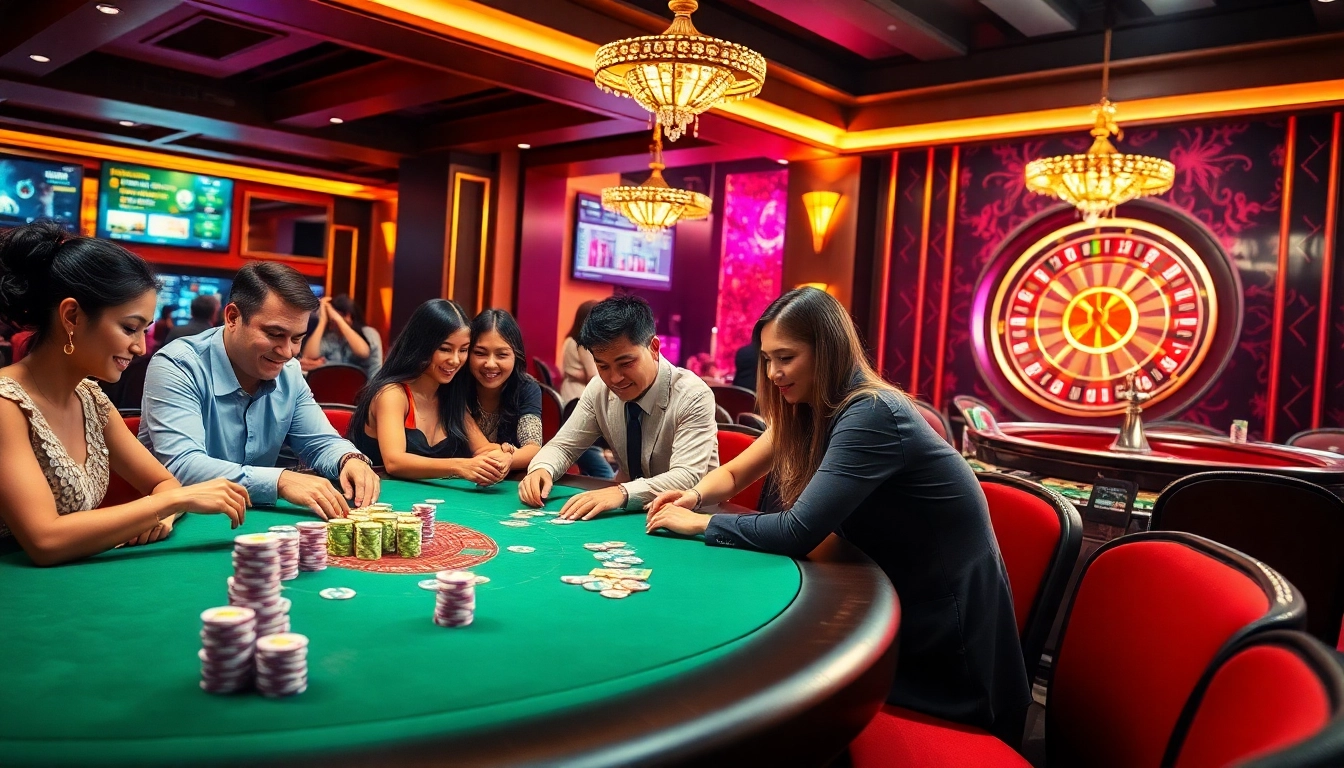 KJC showcases an exciting casino scene with players engaging in poker at luxurious tables, emphasizing thrilling gambling experiences.