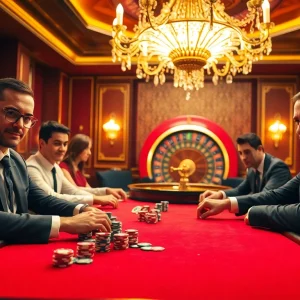 Experience the thrilling atmosphere of 8kbet casino with engaged players and vibrant chips.