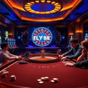 Exciting casino scene representing FLY88 việt nam with players engaged at a blackjack table.