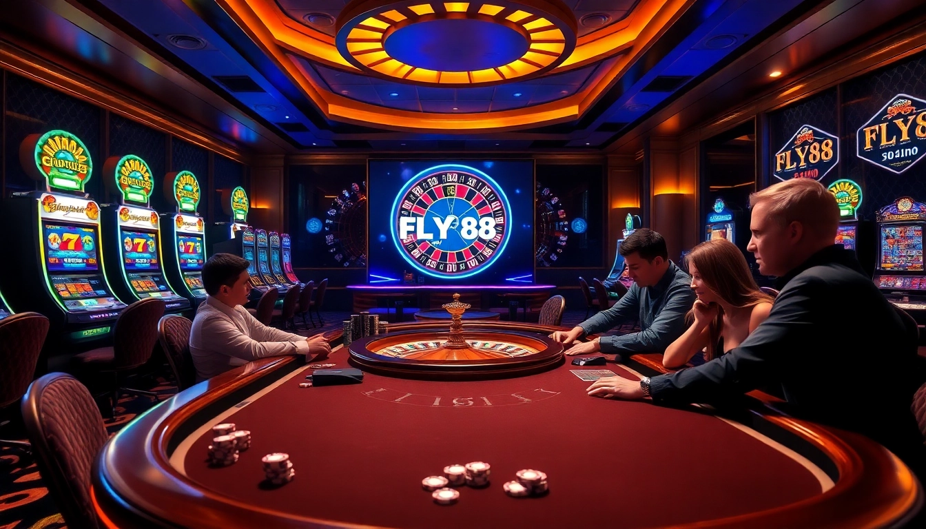 Exciting casino scene representing FLY88 việt nam with players engaged at a blackjack table.