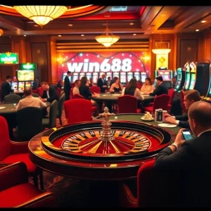 Experience the excitement of win678 at a luxurious casino with roulette, poker chips, and vibrant slot machines.