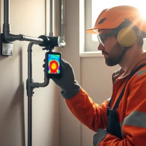 Central heating leak detection technician using thermal imaging in a modern home.