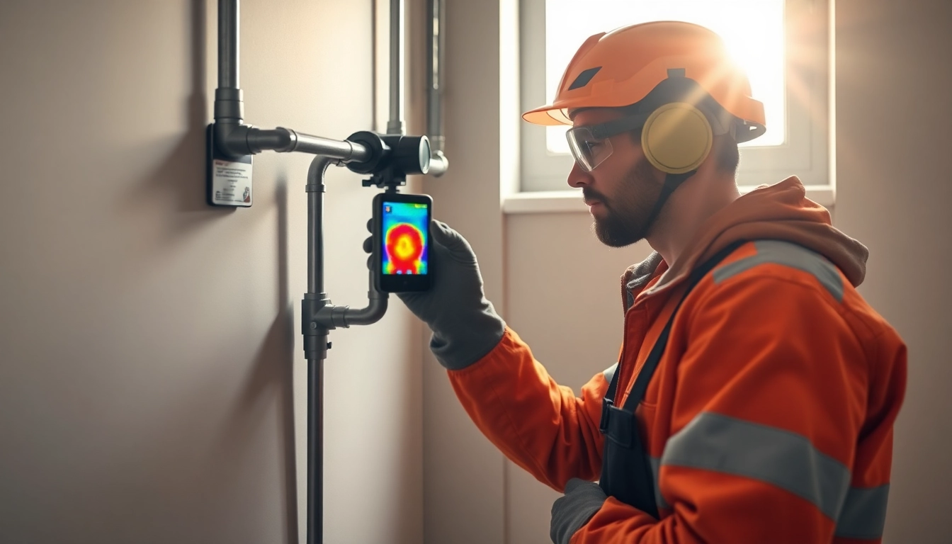 Central heating leak detection technician using thermal imaging in a modern home.