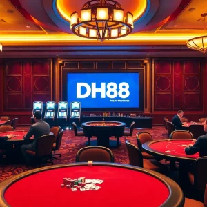 Exciting DH88 poker players strategizing in a luxurious casino setting with vibrant lights.
