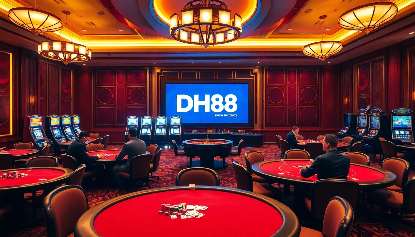 Exciting DH88 poker players strategizing in a luxurious casino setting with vibrant lights.