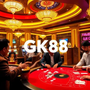 Exciting GK88 casino scene with players at a poker table and roulette wheel in vibrant colors.