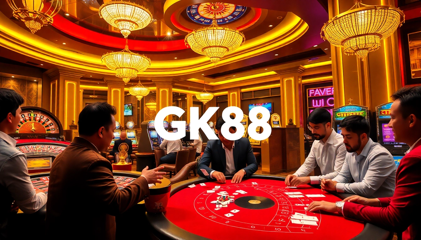 Exciting GK88 casino scene with players at a poker table and roulette wheel in vibrant colors.