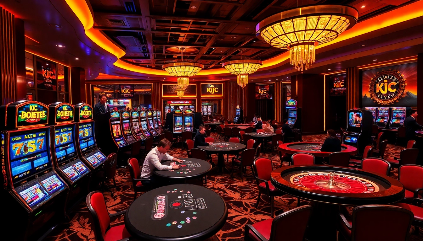 KJC casino scene showcasing lavish gaming tables and vibrant slot machines, enticing players into an exciting gambling experience.