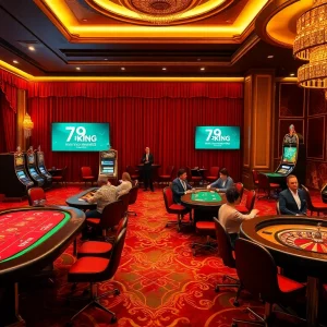 Experience the thrill of winning at 79KING's luxurious casino tables with poker chips and slot machines.