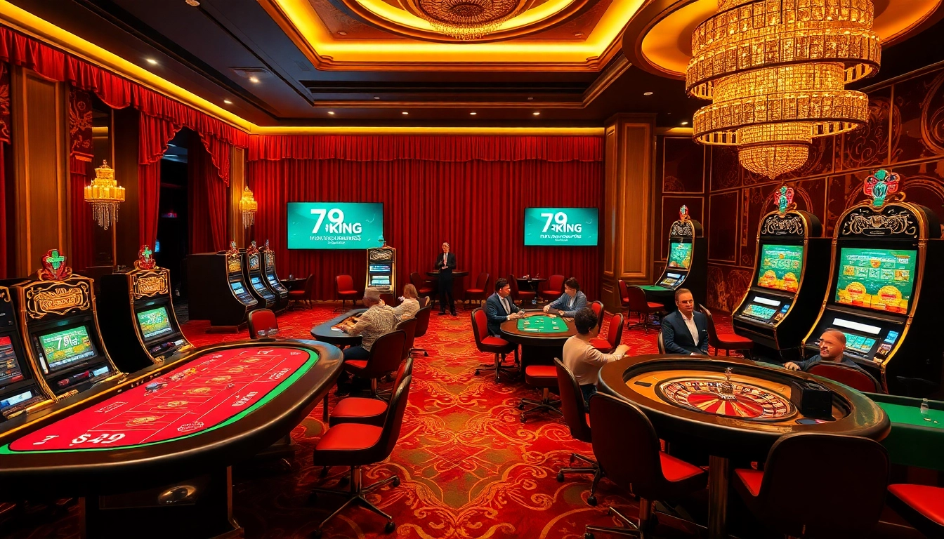 Experience the thrill of winning at 79KING's luxurious casino tables with poker chips and slot machines.