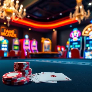 S8 players engaging at a luxurious casino table with colorful poker chips and vibrant slot machines.