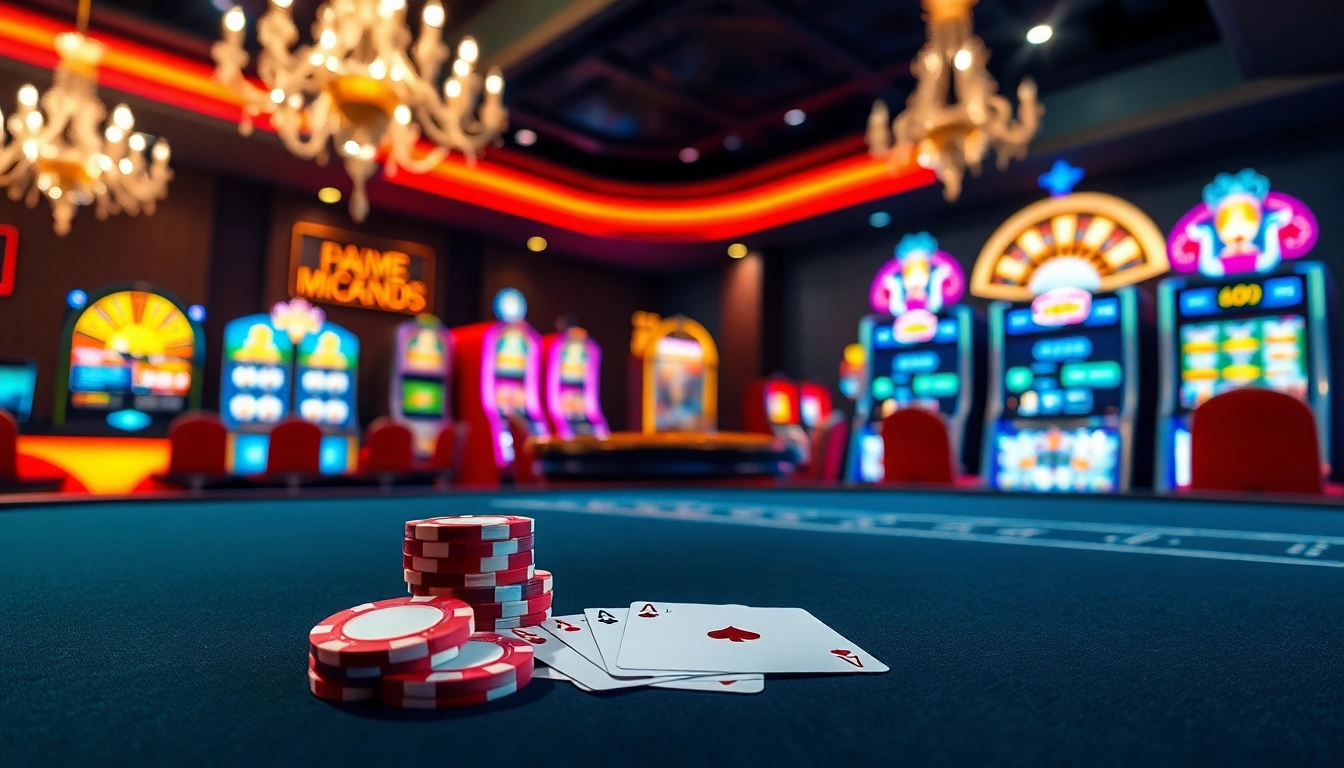 S8 players engaging at a luxurious casino table with colorful poker chips and vibrant slot machines.
