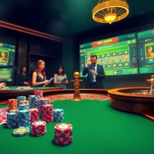 Experience the thrill of MD5 casino gaming with engaging players, vibrant cards, and a spinning roulette wheel.