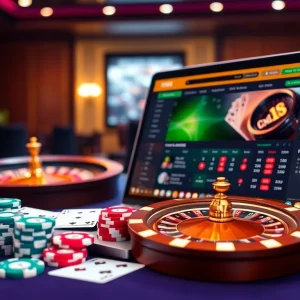 A dynamic online gambling scene showcasing nhà cái XX88 with poker chips and a roulette wheel, symbolizing excitement.