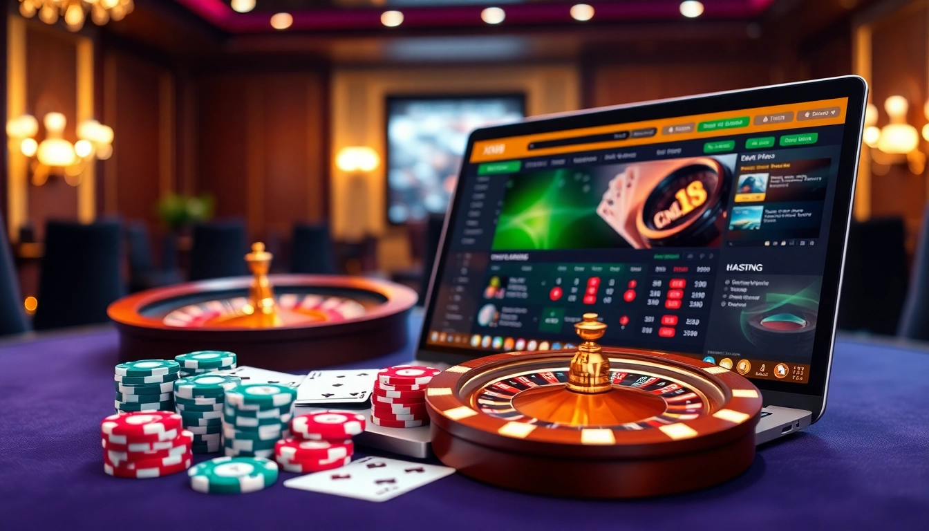 A dynamic online gambling scene showcasing nhà cái XX88 with poker chips and a roulette wheel, symbolizing excitement.