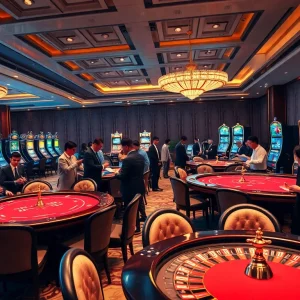 Capturing the excitement of Sự Kiện KJC in a vibrant casino setting filled with games and guests.
