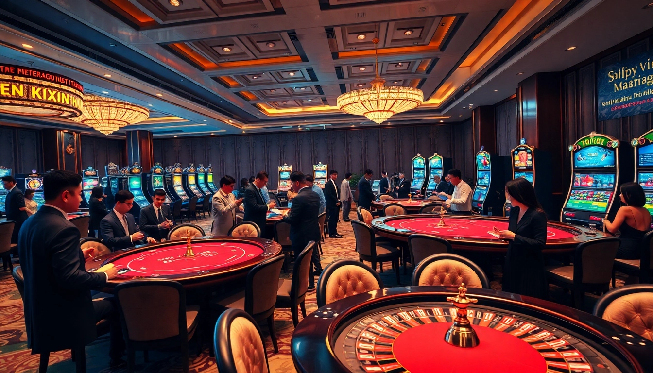 Capturing the excitement of Sự Kiện KJC in a vibrant casino setting filled with games and guests.