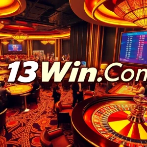 Experience thrilling gaming action at 13Win.Com with poker chips and roulette wheels.