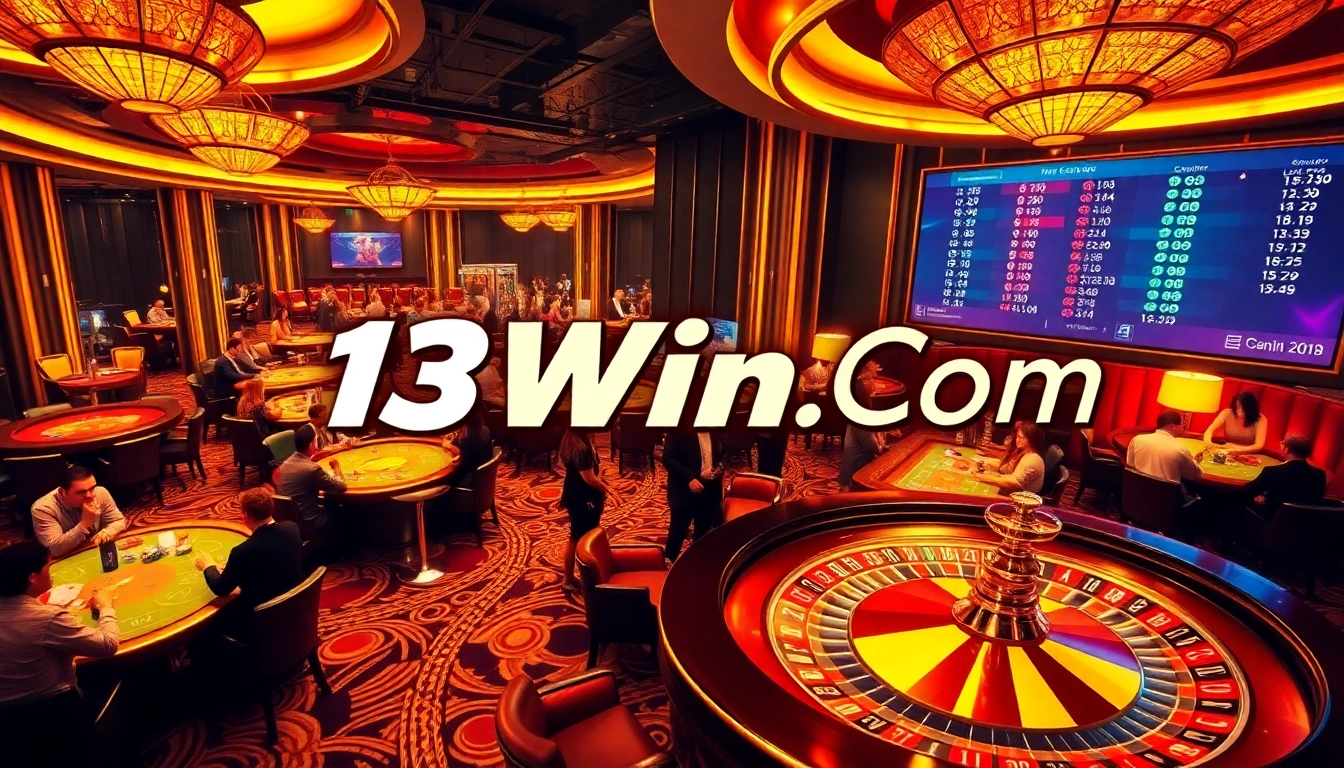 Experience thrilling gaming action at 13Win.Com with poker chips and roulette wheels.