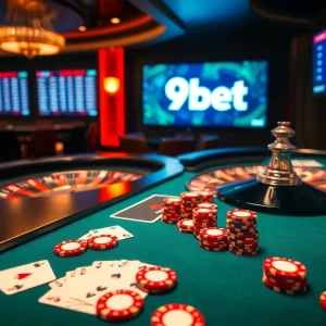 Engage in a thrilling poker game at 9bet with vibrant chips and illuminated roulette.
