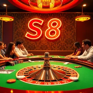 S8 Casino scene with players at a roulette table, poker chips, and slot machines.