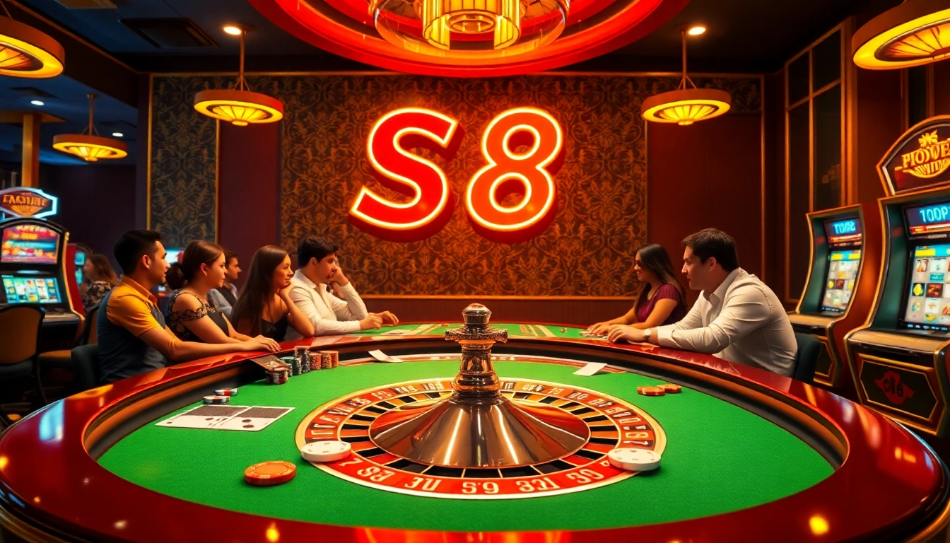 S8 Casino scene with players at a roulette table, poker chips, and slot machines.