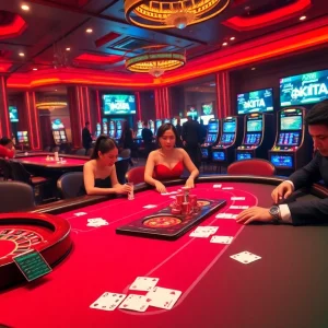 Players engaged at an AZ88 poker table, showcasing vibrant poker chips and glamorous casino atmosphere.