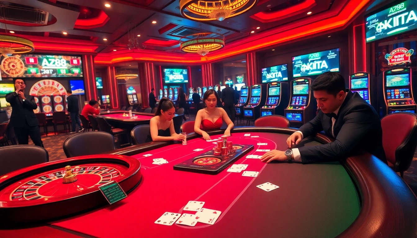 Players engaged at an AZ88 poker table, showcasing vibrant poker chips and glamorous casino atmosphere.