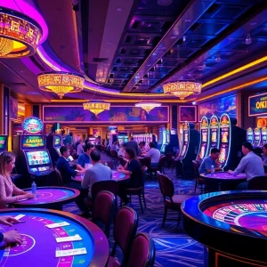 Players enjoy casino exhilaration at okfun, featuring lively poker and roulette tables.