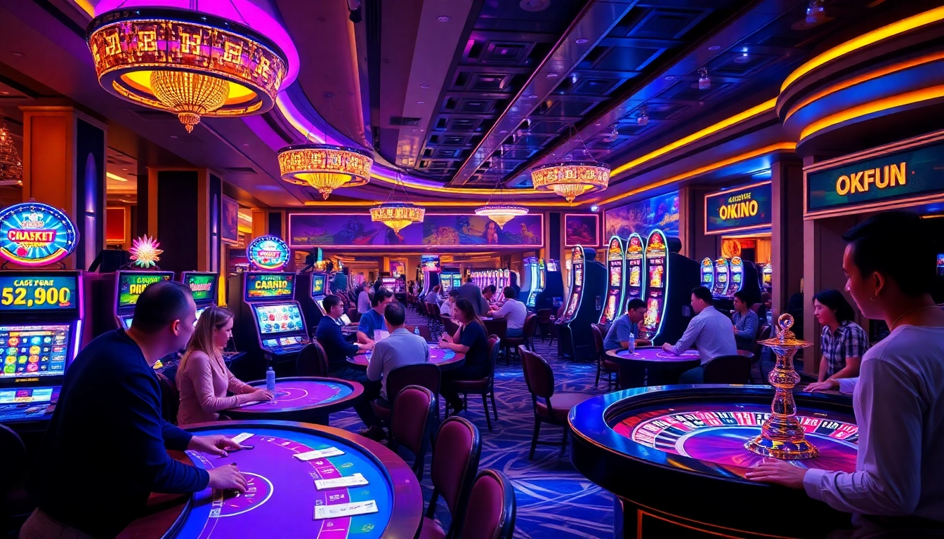 Players enjoy casino exhilaration at okfun, featuring lively poker and roulette tables.