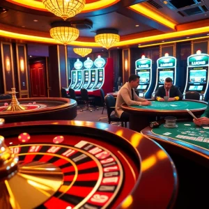 Cảnh casino LUCK8 với người chơi tại bàn poker và bánh xe roulette quay, nhấn mạnh sự hứng thú và sang trọng.