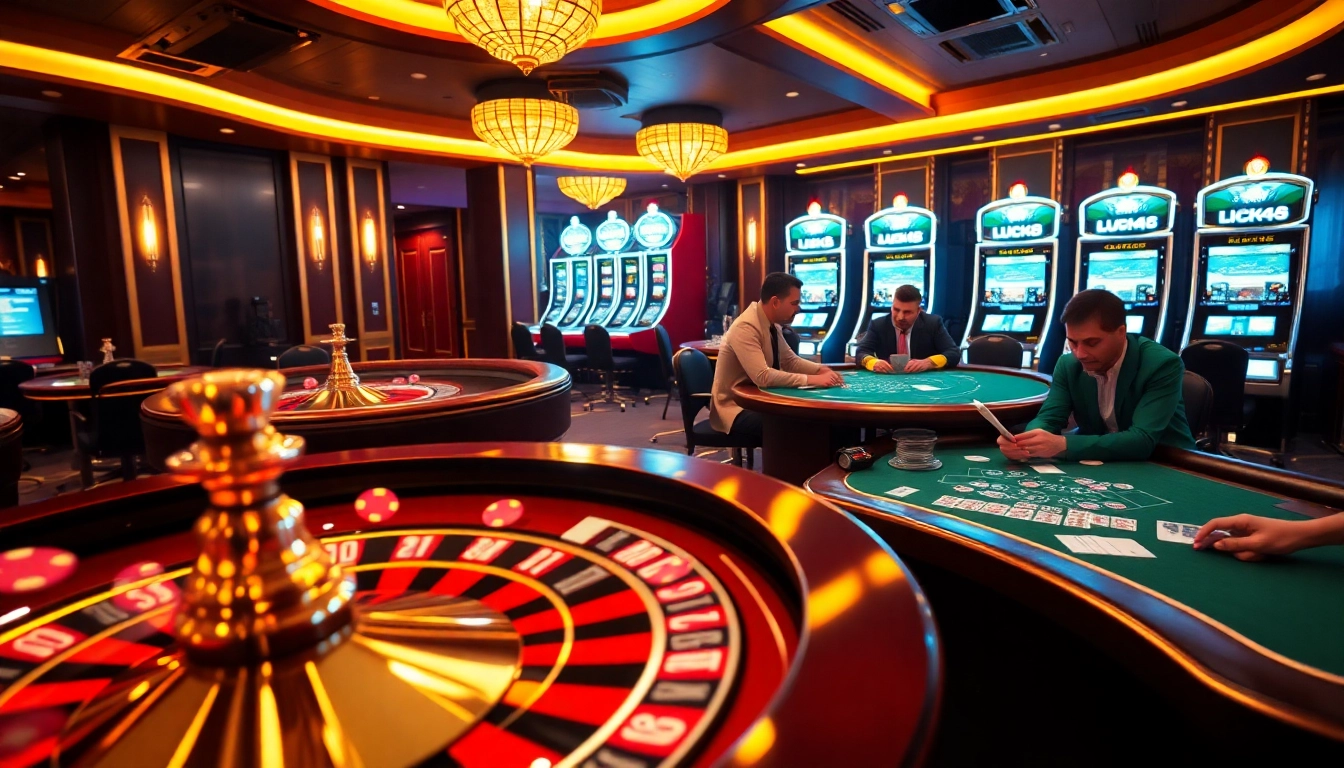 Cảnh casino LUCK8 với người chơi tại bàn poker và bánh xe roulette quay, nhấn mạnh sự hứng thú và sang trọng.