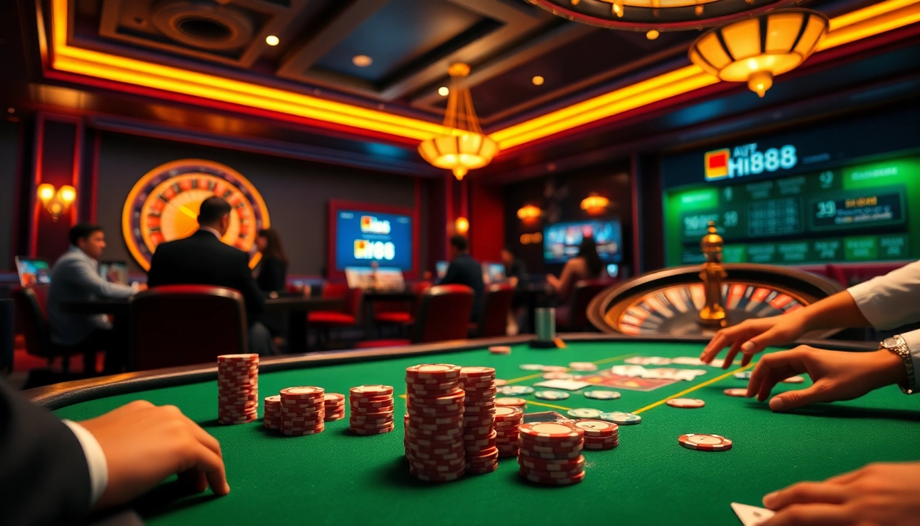 Experience thrilling poker gameplay at Hi88, showcasing vibrant casino elements and online betting interfaces.