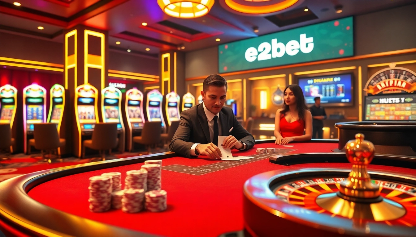 e2bet slot machines and poker players creating an exciting casino environment.