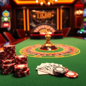 Engage in high-stakes poker action at a luxury casino featuring TK88-themed gaming accessories.