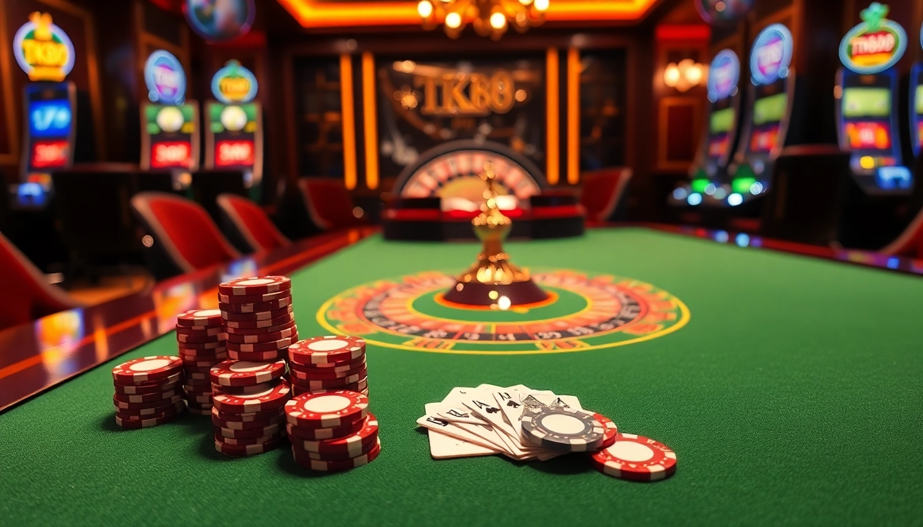 Engage in high-stakes poker action at a luxury casino featuring TK88-themed gaming accessories.