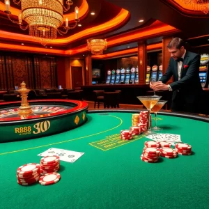 Experience thrilling gameplay at RR88 with vibrant casino tables and poker chips.