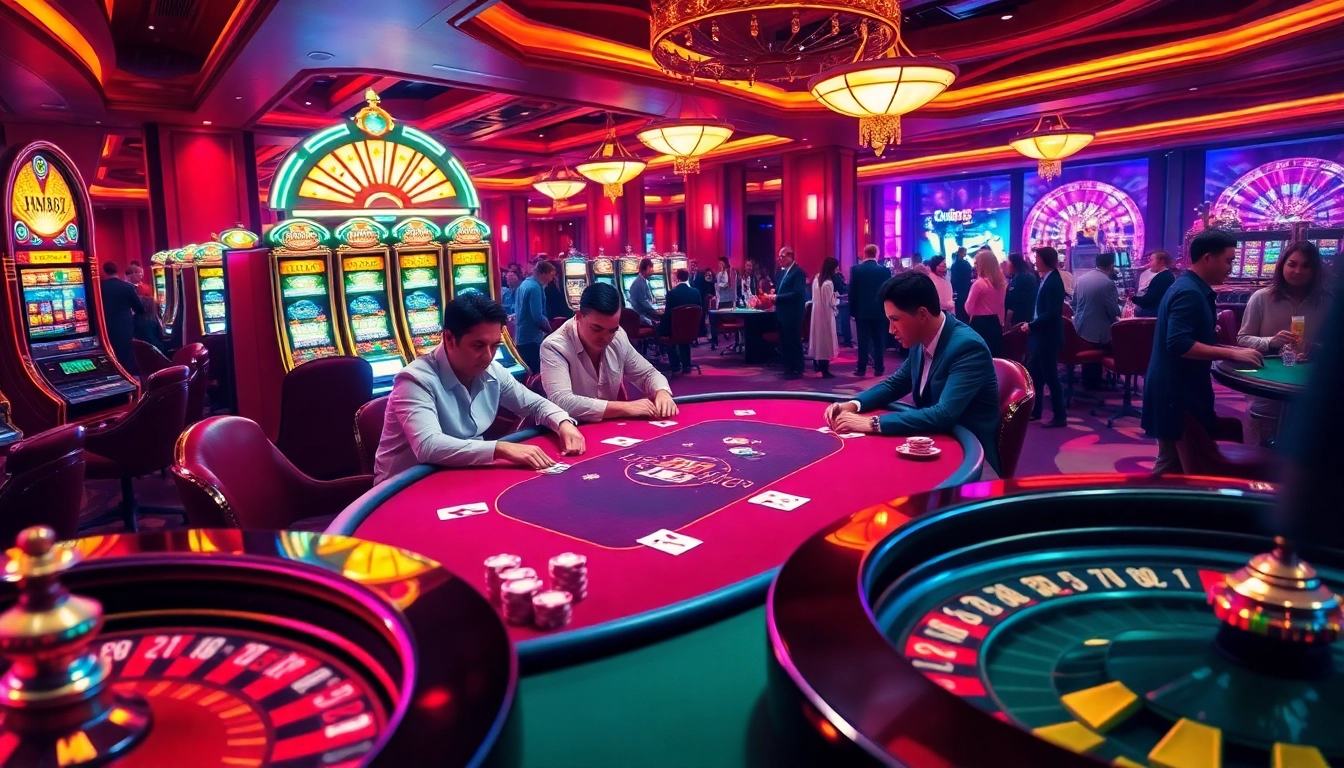 The excitement of gambling at casino tables, showcasing hm88 and high-stakes poker action amidst vibrant slot machines.