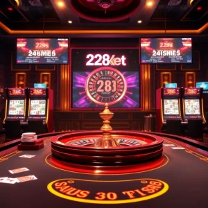 Experience gaming excellence at http://228kbet.net/ with a luxurious casino environment filled with tables and machines.