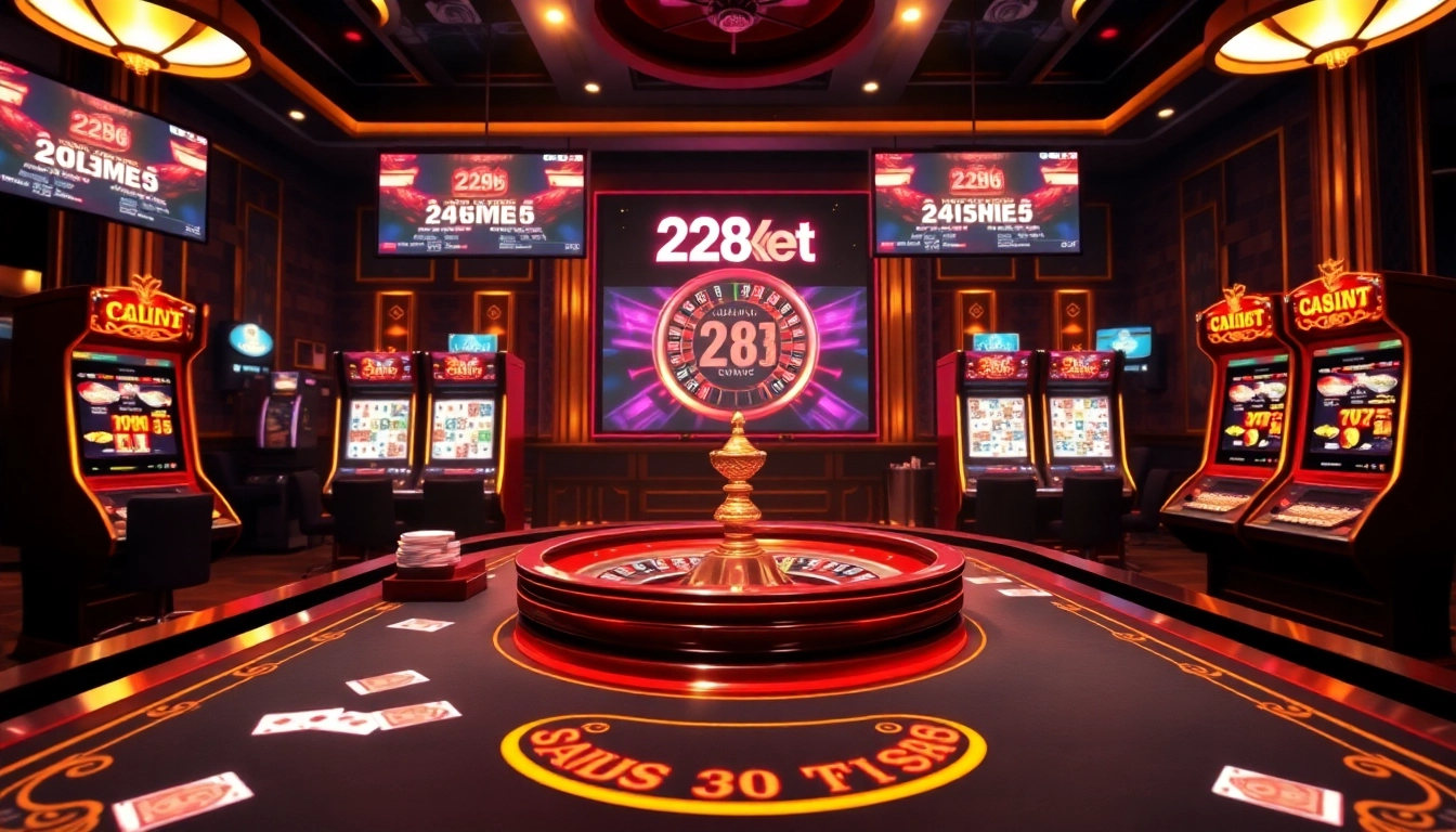 Experience gaming excellence at http://228kbet.net/ with a luxurious casino environment filled with tables and machines.