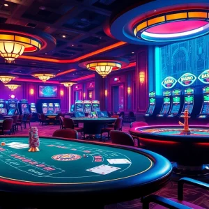 Experience thrilling gameplay at DN88 with vibrant casino tables and spinning roulette wheels.