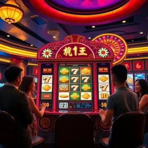 Players feel the thrill of nổ hũ gameplay at an exciting casino, surrounded by vibrant slot machines and poker chips.