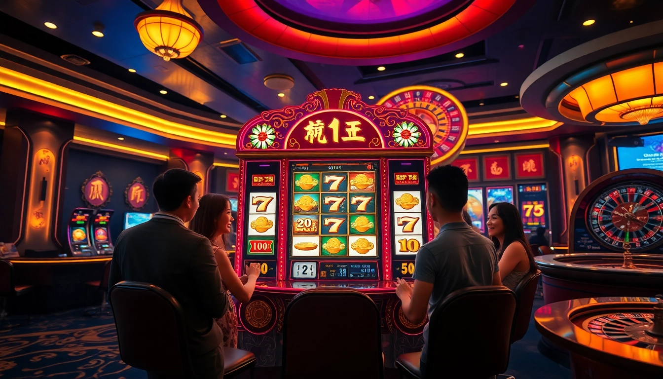 Players feel the thrill of nổ hũ gameplay at an exciting casino, surrounded by vibrant slot machines and poker chips.