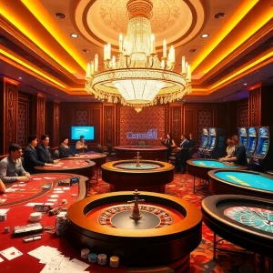 Engaging scene of Tập đoàn truyền thông TPJ in a luxury casino setting, showcasing poker tables and bright slot machines.