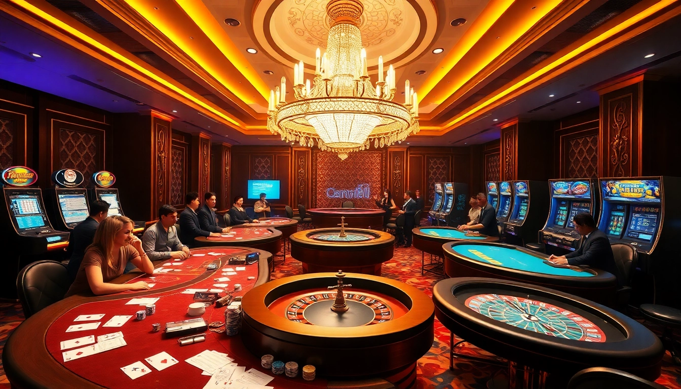 Engaging scene of Tập đoàn truyền thông TPJ in a luxury casino setting, showcasing poker tables and bright slot machines.