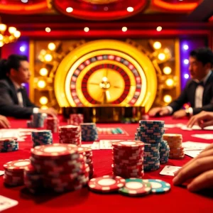 Experience thrilling gameplay at E2bet with poker chips and cards on a stylish casino table.