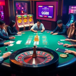 Players enjoying an exciting game at the GG88 biz casino, showcasing cards and vibrant gaming atmosphere.