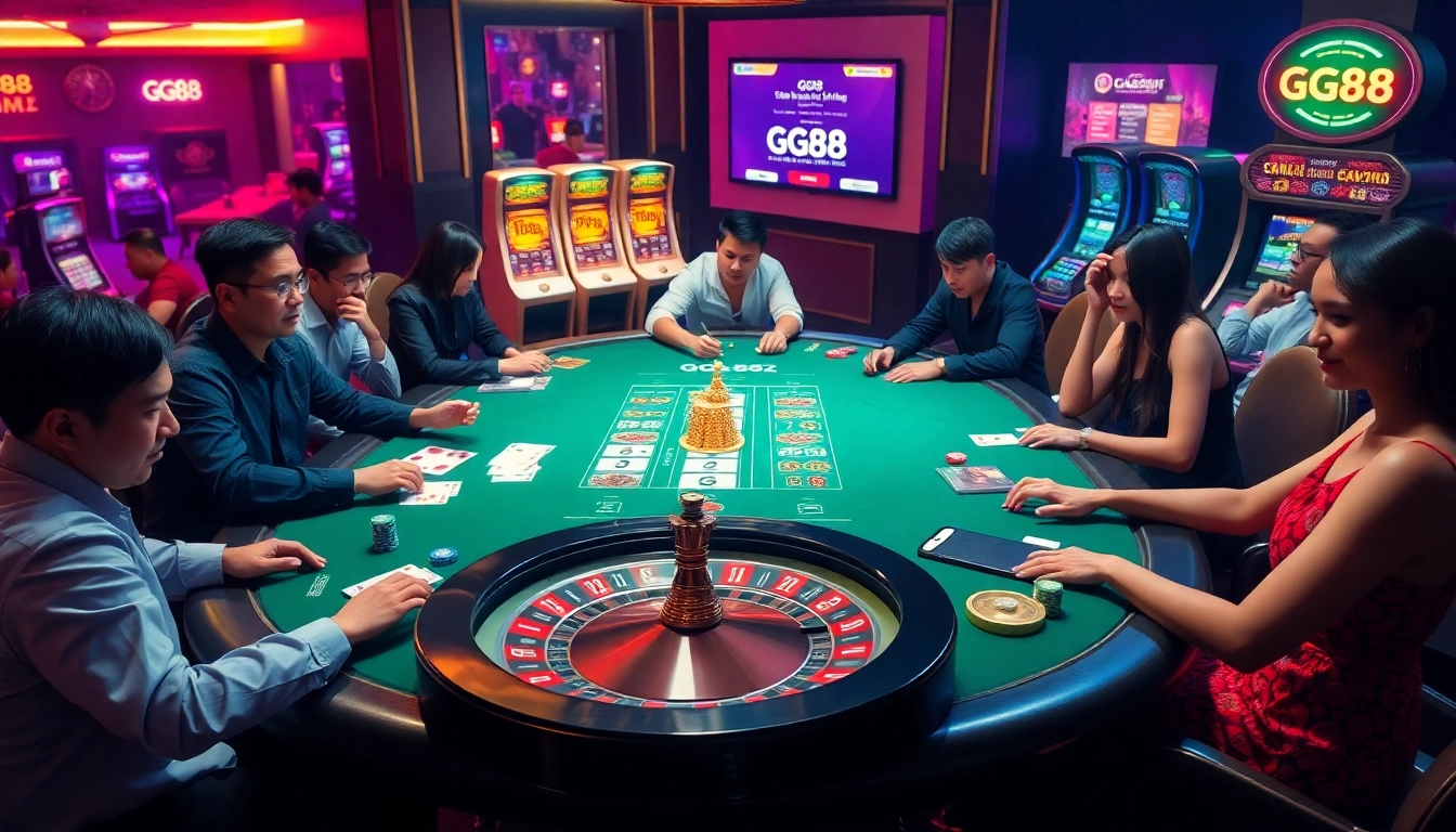 Players enjoying an exciting game at the GG88 biz casino, showcasing cards and vibrant gaming atmosphere.