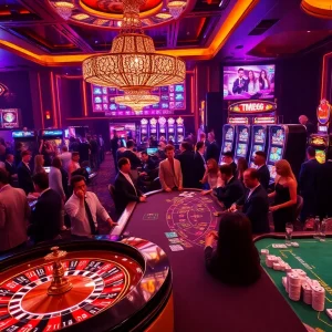 Betting excitement at a luxurious casino featuring distinctive MB66 elements amid vibrant gameplay.